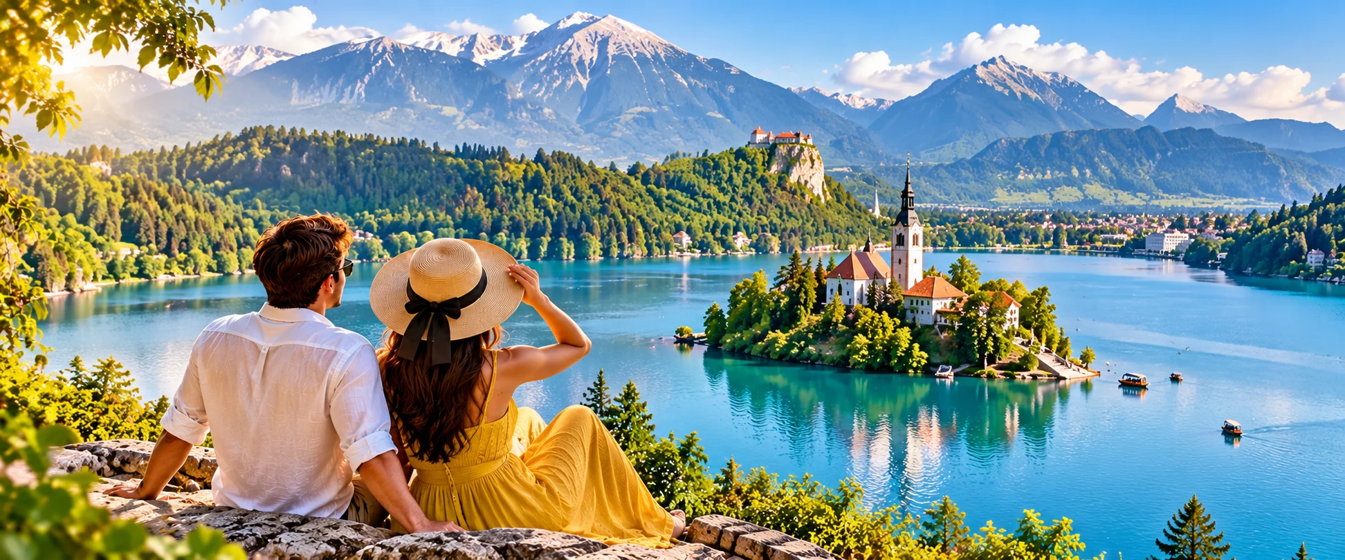 A couple overlooking Lake Bled, its island church and the Alpine mountains in Slovenia